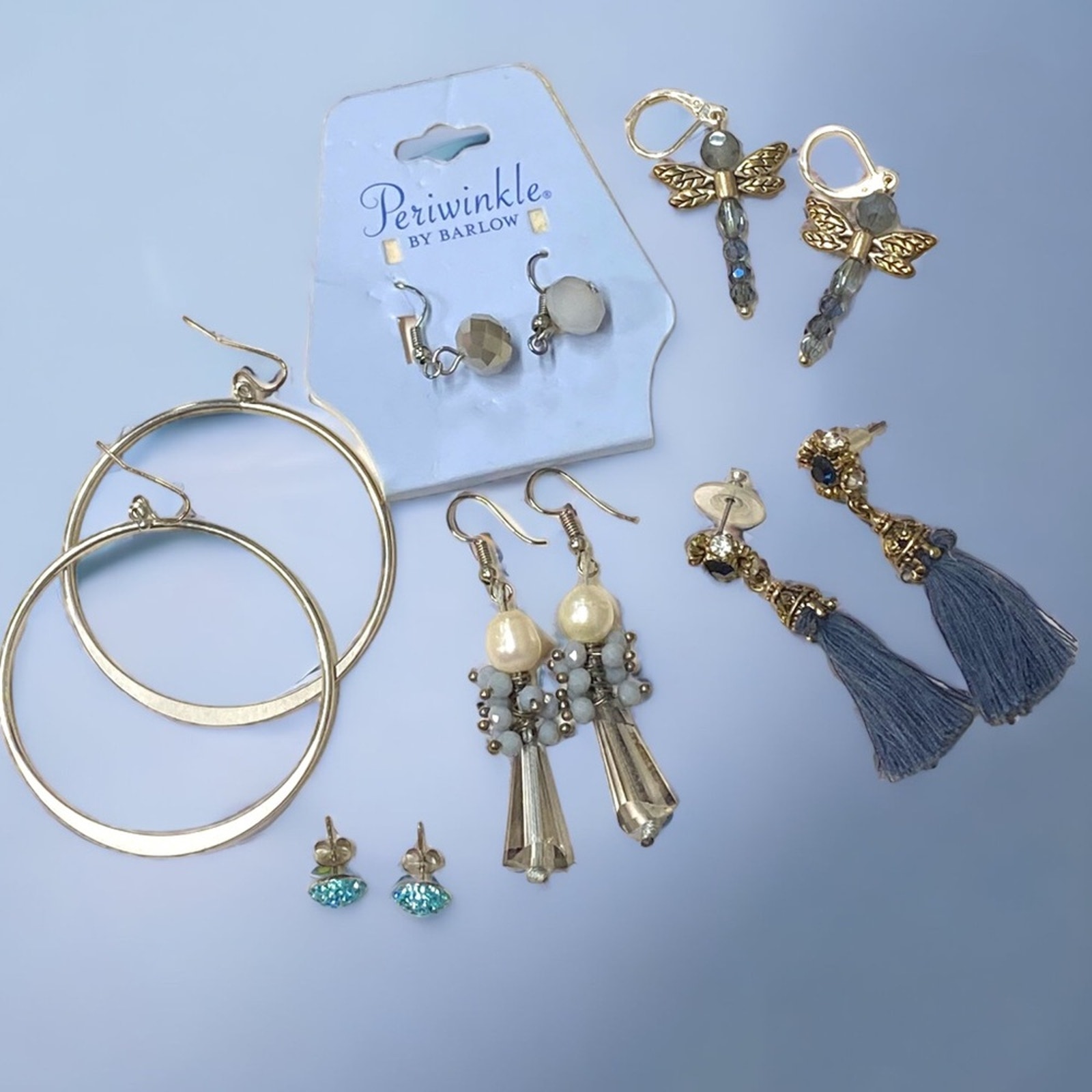 Blue Statement Post Earring Lot 6 Pairs ! Periwinkle Crystals Dragonfly Angel